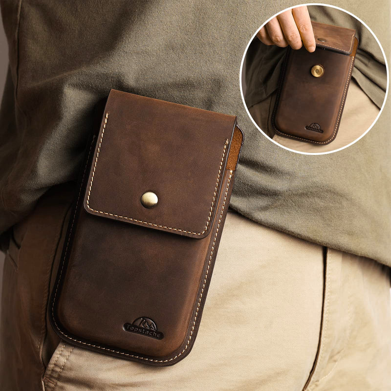 Topstache Leather Phone Holster for Belt,Flip Cell Phone Case with Belt Clip for S22 Ultra,S22 Plus,S22, Pouch for iPhone 14/13 Pro Max, Universal Smartphone Sheath X-Large Darkbrown