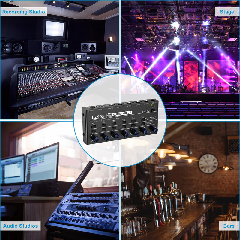 LZSIG Mini Audio Mixer,Stereo Line Mixer for Sub-Mixing,Ultra Low-Noise,6-Channel,Microphone Independent Control, 1/4" & 1/8" TRS Output and Input, for Guitars,Bass,Keyboards Medium(6-channel)