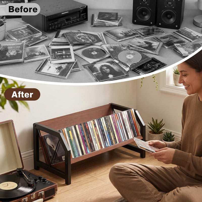 CD Holder Rack, Tilting DVD Storage Shelf for Tower Small Space | Store Up to 38 CDs and 30 DVDs, Desktop Bookshelf Organizer, Easy Acess, Sturdy Metal & Wood Construction, Portable Angle Brown-1 Tier