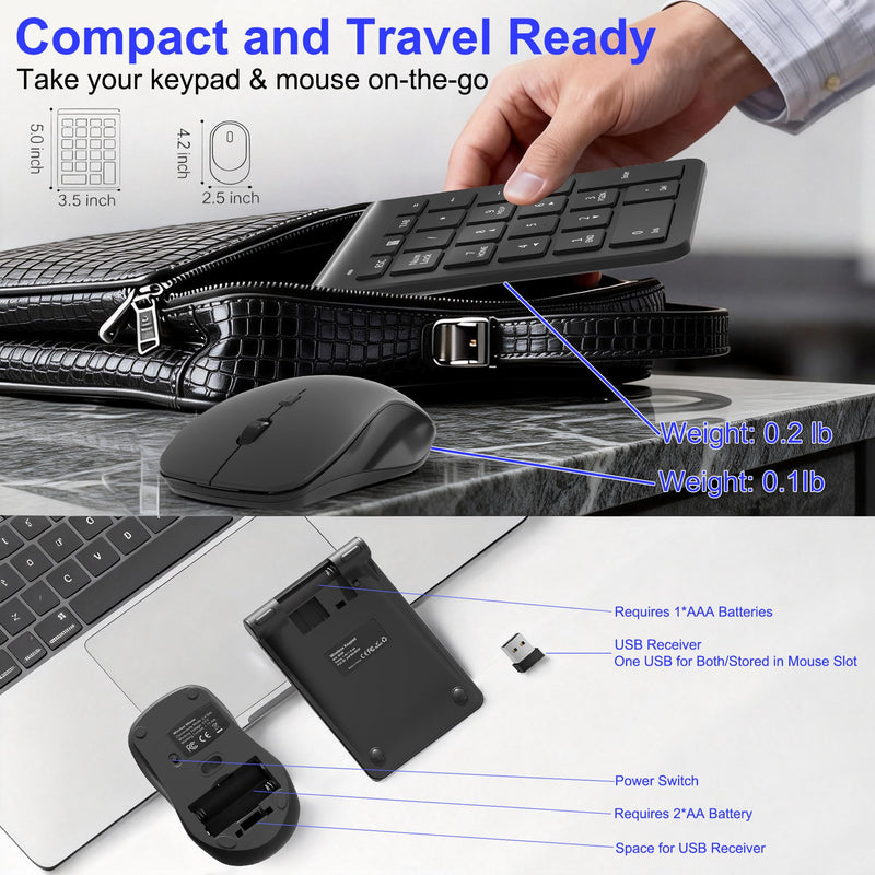 22 Keys Wireless Number Pad and Mouse-Black,2.4GHz Numeric Keypad with Mouse 3 Adjustable DPI,Financial Keypad and Mouse Combo for Data Entry and Accounting,Numpad Keypad Set for Laptop,Mac,Desktop,PC