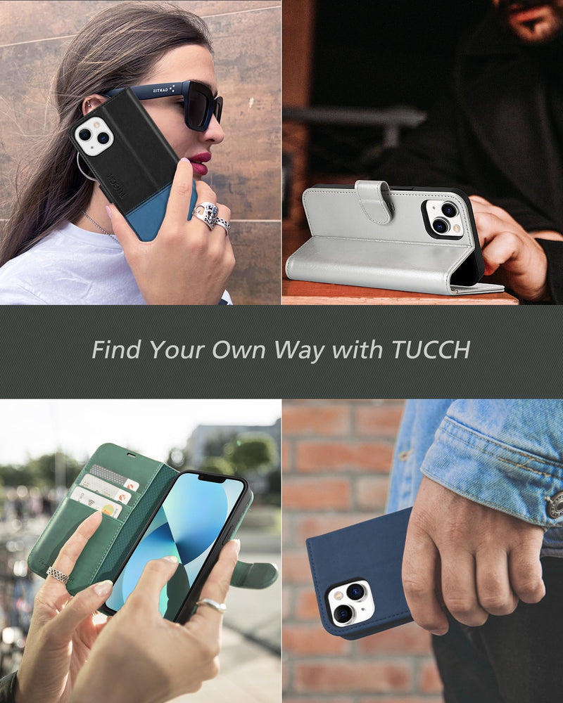 TUCCH Case for iPhone 13 Wallet Case, PU Leather Flip Folio Case with [Shockproof TPU Inner Shell], RFID Blocking Card Holder Kickstand Phone Cover Compatible with iPhone 13 6.1-inch 2021, Black
