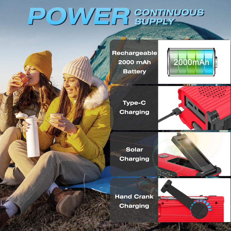 Emergency Radio, Hand Crank Radio Solar for Hurricane Supplies, AM/FM NOAA Portable Weather Radio 2000mAh with LED Flashlight, Power Bank, SOS Alarm 180°Rotatable Reading Lamp for Emergency Red