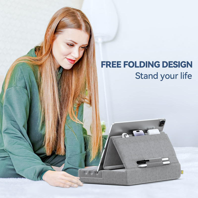 [AUSTRALIA] - KDD Tablet Pillow Holder, Foldable iPad Stand for Lap, Bed and Desk -Tablet Soft Pad Dock with Pocket & Stylus Mount Compatible with iPad Pro 12.9, 10.5, 9.7 Air Mini 6 5 4 3, Galaxy Tab, E-Reader Gray 