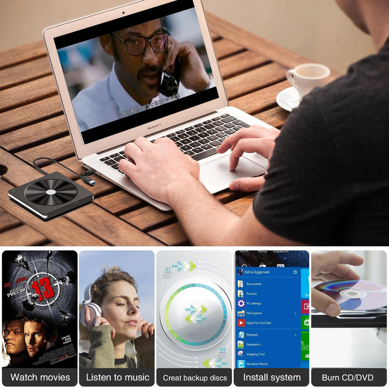 [AUSTRALIA] - External CD/DVD Drive for Laptop, USB 3.0 CD DVD +/-RW Burner CD ROM External DVD Drive CD Reader DVD Player for Laptop PC Mac MacBook Desktop Windows 11/10/8.1/7 Linux Blackwhite 