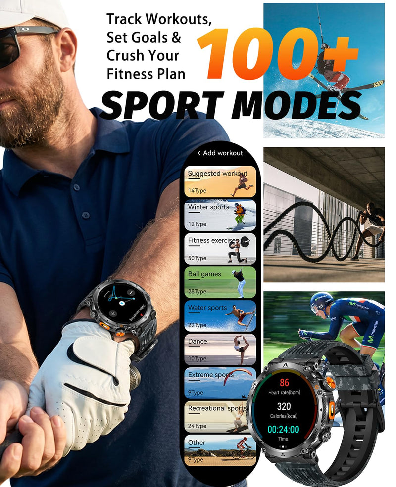 Men's Military Smart Watch with GPS,Compass for Outdoor 1.7" HD Big Face | Fitness Tracker with Bluetooth Calling,Heart Rate/Sleep Monitor/100+ Sports Modes,Long Battery,for Android & IOS 2 Bands Camouflage Black