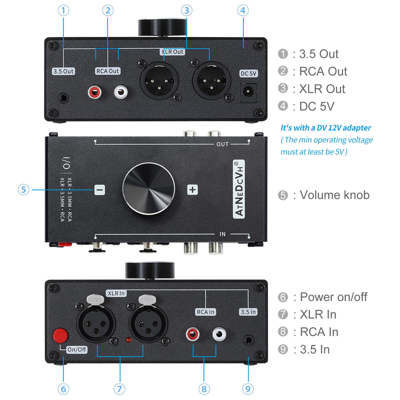 [AUSTRALIA] - Stereo Audio Preamplifier - XLR Balanced RCA 3.5mm Input to XLR Balanced RCA 3.5mm Output Converter Adapter amp - Headphone Amplifier, Gain 20dB Phono Turntable Phonograph Preamp (Black) Black 