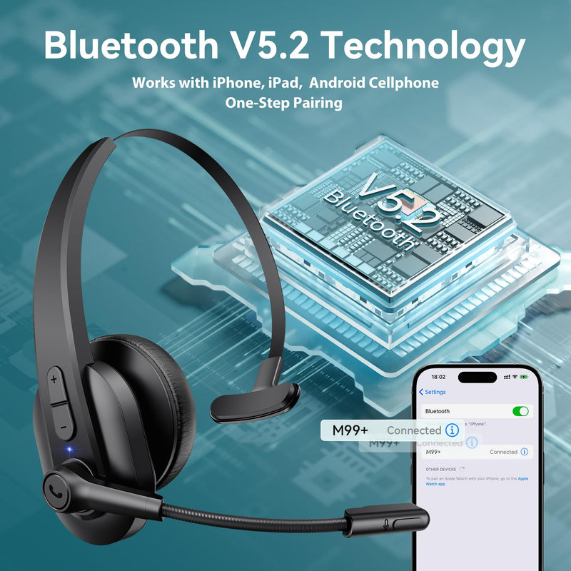 Sarevile Bluetooth Headset with USB Dongle for Computer, Single-Ear Wireless Headset with Noise Cancelling Microphone for Office & Truckers, Bluetooth V5.2 with Mute Button for Work Black