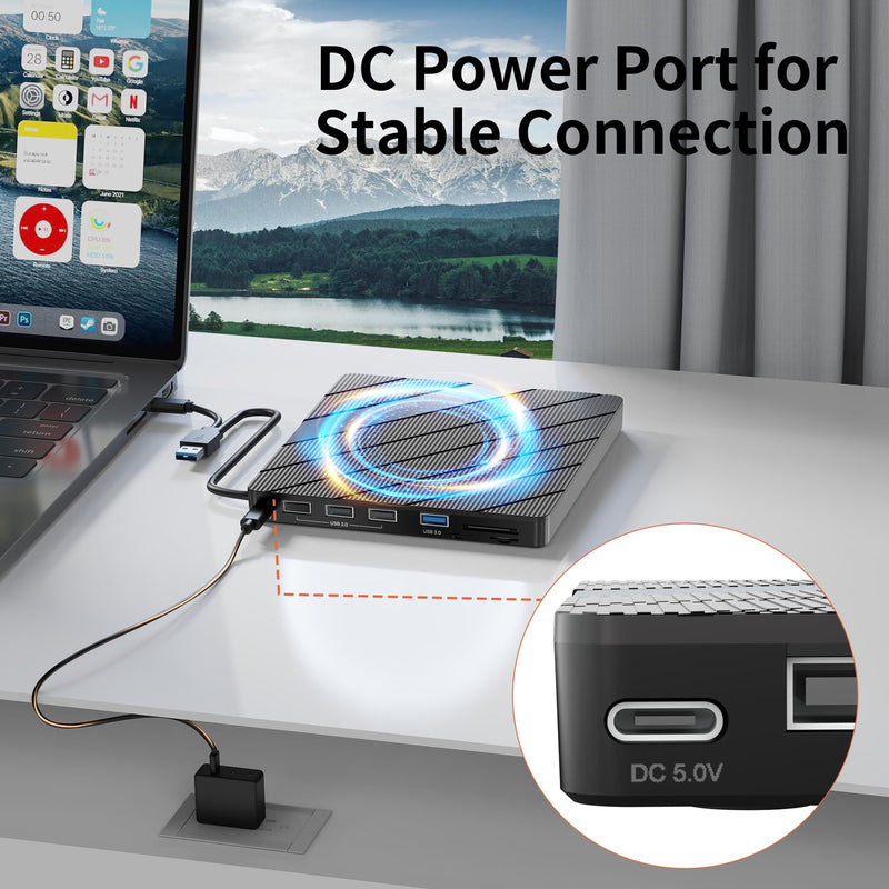 Alxum External CD DVD Drive for Laptop, 8 in 1 Portable Disc Reader Burner | External CD DVD Drive, USB Optical Disc Drive CD ROM DVD Player Rewriter with Multiple Ports for Windows/Mac OS/Linux/Vista Black