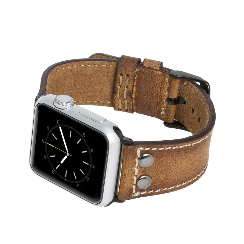 Venito Como Leather Watch Band Compatible with the Apple Watch Series 1,2,3,4,5,6,7,SE - 45mm/44mm/42mm/41mm/40mm/38mm w/Stainless Steel Hardware (Antique Brown w/Black Connector&Clasp, 38-40mm)
