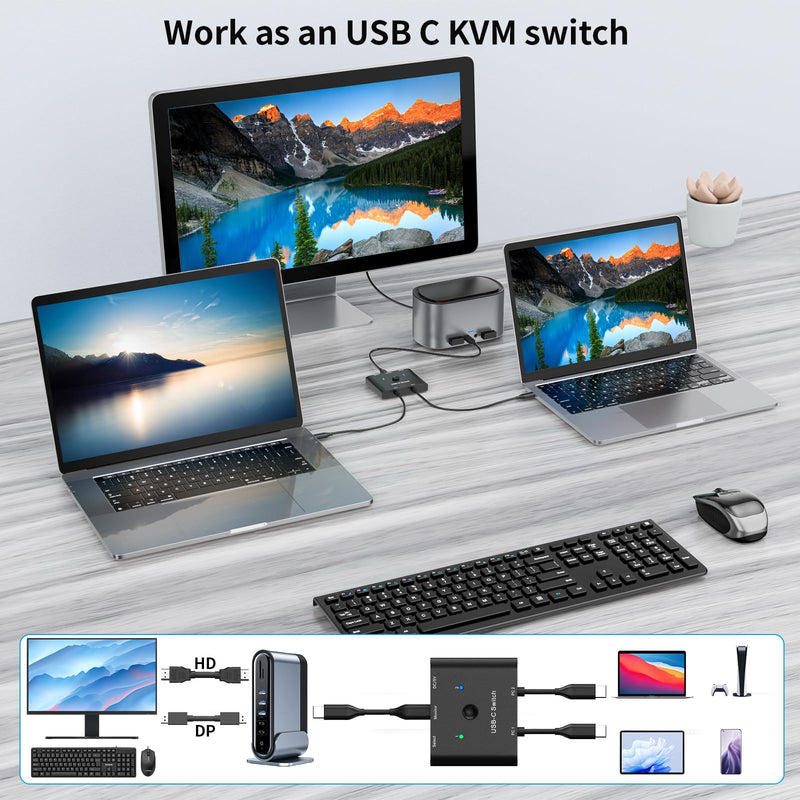 USB C Switch,Bi-Directional USB C Switcher 2 Computers,MLEEDA USB Type C KVM Switch 8K@60Hz 4K@120Hz Video/10Gbps Data Transfer/100W Charging,Compatible with Thunderbolt Device,USB-C Cables Included black 6 cm USB C Switch