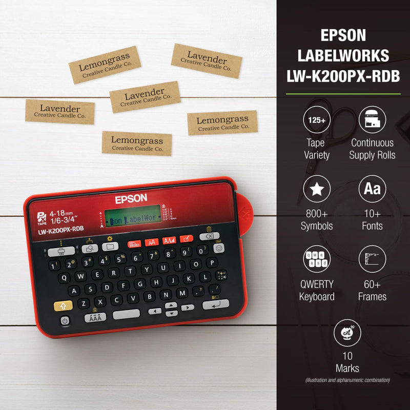 [AUSTRALIA] - LABELWORKS Epson LW-K200PX-RDB Portable QWERTY Keyboard Label Maker for Home & Hobbies – Craft, Organize, and Personalize - Red Black Printer 