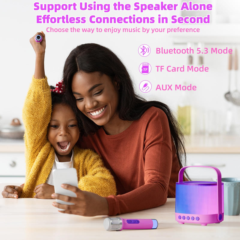 Karaoke Machine for Kids Adults Portable Bluetooth 5.3 Speaker with 2 Wireless Microphones, Five LED Disco Lights Modes, Five Funny Sound Modes, for Girls Boys Home Party-Pink Pink