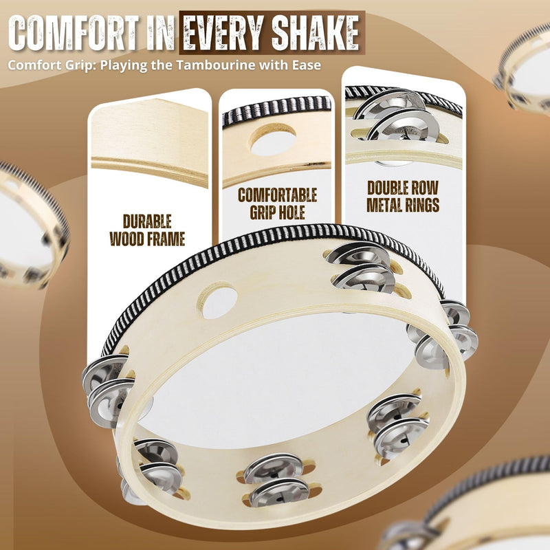 [AUSTRALIA] - Flexzion Wood Handheld Tambourine for Adults 8-Inch Double Row 8-Pair Jingles (Wood) - Percussion Round Tamborines Musical Instrument with Metal Zills 8 Inch Double Row - Wood 