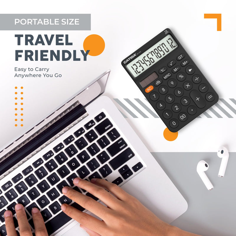 [AUSTRALIA] - CATIGA 12 Digit Desktop Calculator with Large LCD Display, 4 Funtions Calculator, Round Design Big Button, Solar and Battery Dual Power, Standard Function for Office, Home, School, SD-1292 1) Black 