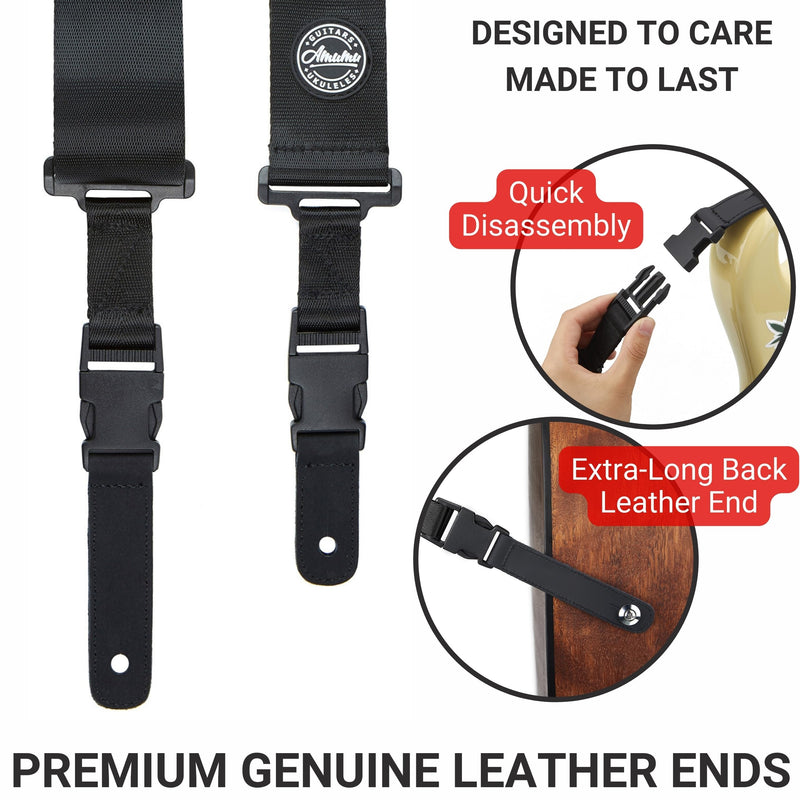 Amumu Nylon Snapclock Guitar Strap with Clip Buckle for Acoustic, Electric, Bass Guitar with Strap Blocks & Headstock Tie Black