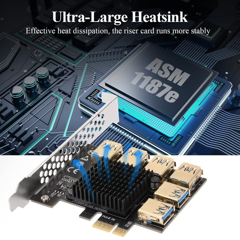 MZHOU PCI-E 1 to 6 USB Slots Riser Card - Higher Stability USB 3.0 Adapter Multiplier Card for Bitcoin Mining Compatible with Windows Linux Mac,Black PCIE 1X to 6USB-2