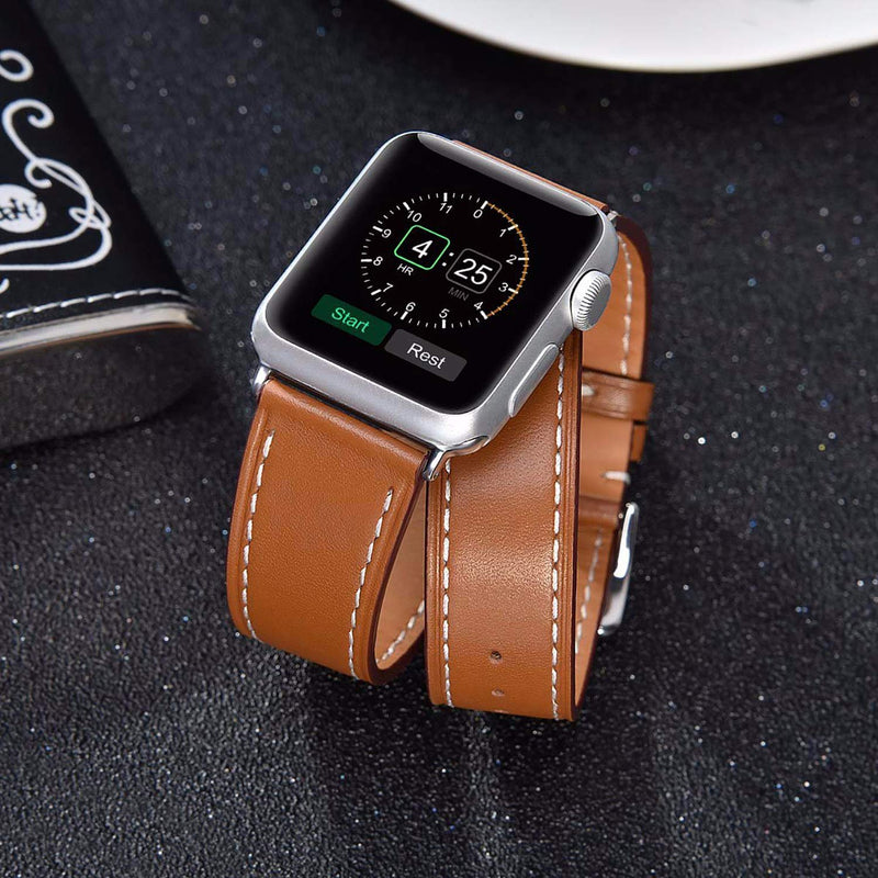Speidel 38mm Luxury Brown Genuine Leather Double Tour Band With Stainless Steel Adapters and Buckle compatible for use with the Apple watch series 1,2,3,4,5 and 6