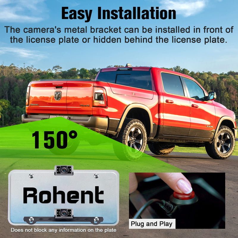 Rohent Backup Camera Monitor HD 1080P Night Vision Waterproof Car Truck License Plate Back Up Rear View Reverse Cam Kit DIY Gridlines R1