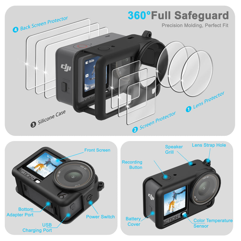 FiTSTILL Silicone Rubber Case+3Pack Tempered Glass Protector Compatible for DJI Osmo Action 6,Rubber Case&Lens Caps&Screen Protectors&Lanyardfor Protective Full Cover Shell Action6 Accessories Kit