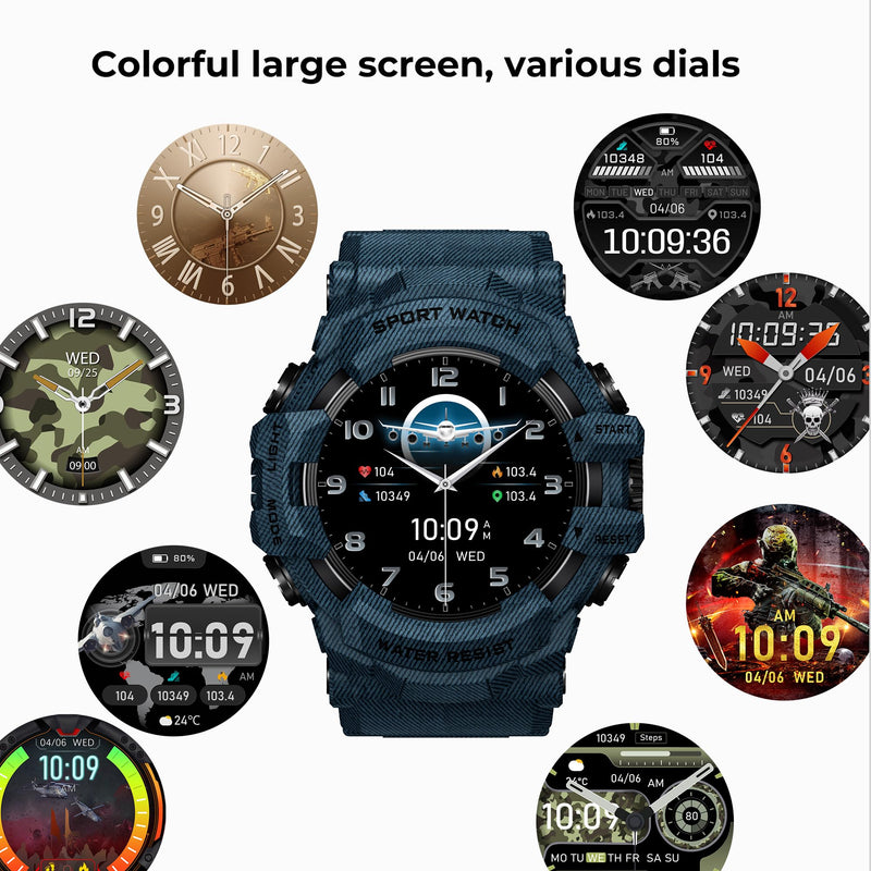 MIDDOW Military Smart Watch with Compass/Flashlight for Men | Fitness Tracker Watch with Waterproof/Long Battery Life/Heart Rate/Sleep/100+ Sport Modes for Android Phone and iPhone