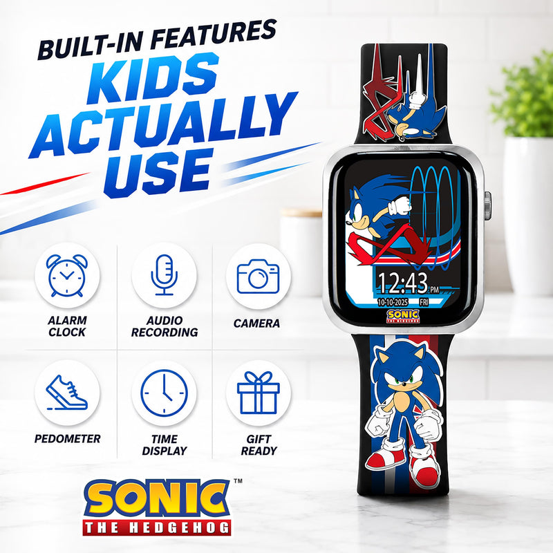 Accutime SEGA Sonic the Hedgehog Black Adult Smartwatch for Men, Women, Unisex - Touchscreen Camera, Weather, Messaging, Sports, Music, Heart Rate Monitor, Pedometer & More (Model: SNC4352M)