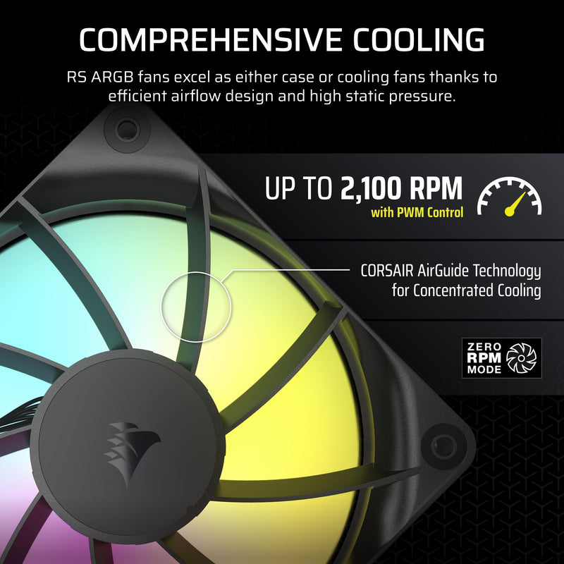 CORSAIR RS120 ARGB 120mm PWM Fans – Daisy-Chain Connection – Low-Noise – Magnetic Dome Bearing – Triple Pack – Black 3 x 120mm