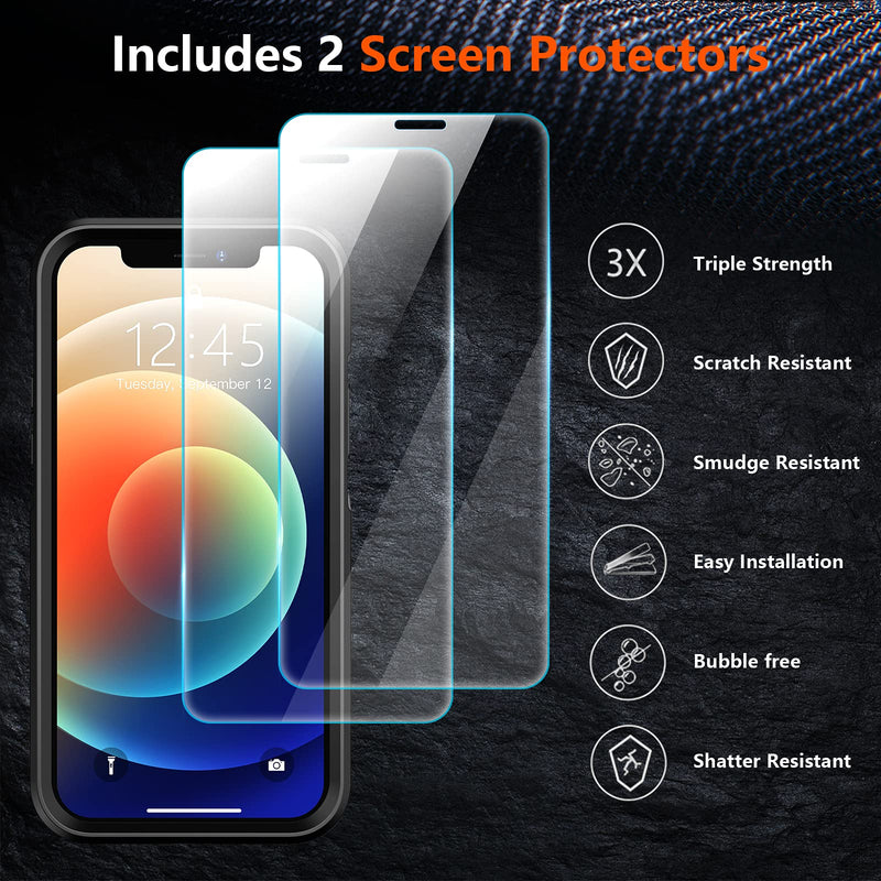 SPIDERCASE Designed for iPhone 12 Case/iPhone 12 Pro Case, [10 FT Military Grade Drop Protection] [with 2 pcs Tempered Glass Screen Protector] Protective Cover for iPhone 12/12 Pro (Black) Black