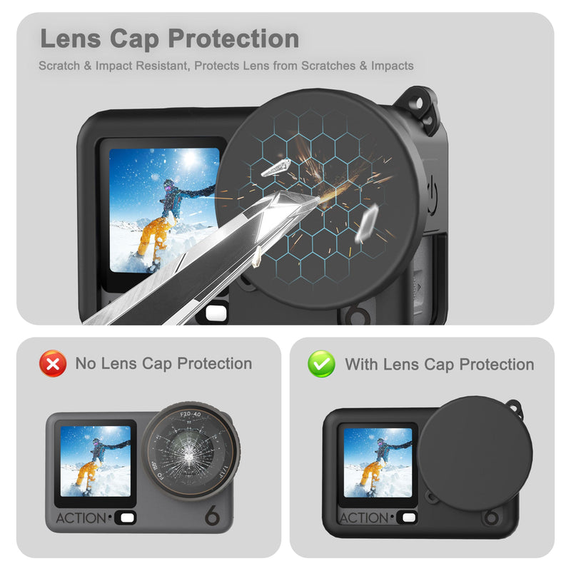 FiTSTILL Silicone Rubber Case+3Pack Tempered Glass Protector Compatible for DJI Osmo Action 6,Rubber Case&Lens Caps&Screen Protectors&Lanyardfor Protective Full Cover Shell Action6 Accessories Kit