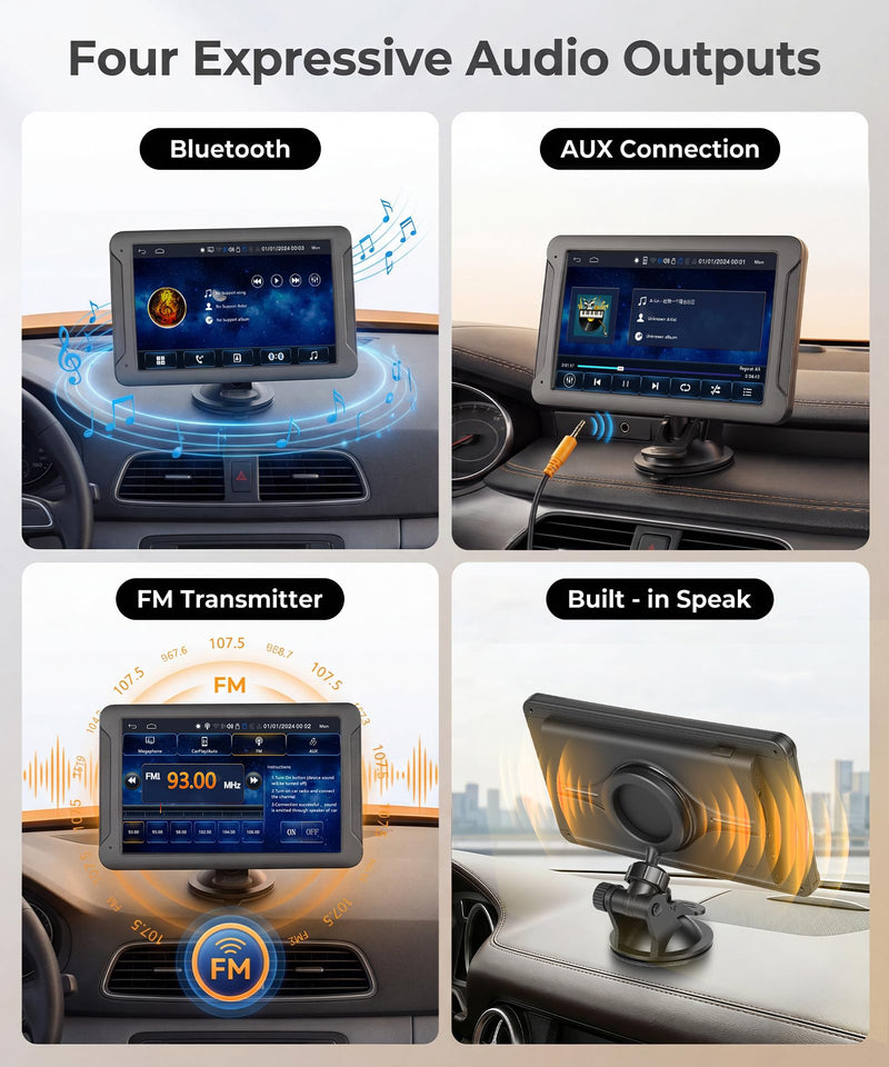7-Inch HD IPS Portable Carplay Screen for Car, Wireless CarPlay & Android Auto, Bluetooth Music & Call, Wireless Screen Mirroring, CVBS Rearview Camera Compatible with Adjustable Brightness