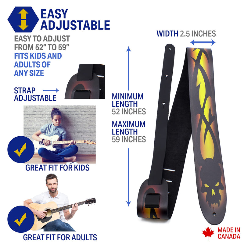Perri's Leathers Ltd. Direct To Leather Guitar Straps: Bold Designs for Acoustic/Bass/Electric Guitars - Made in Canada Yellow Skull Barbed Wire