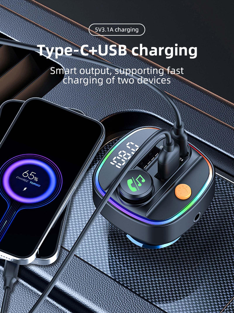 [AUSTRALIA] - Bluetooth 5.3 FM Transmitter for Car, Wireless Car Adapter with Hands-Free Calling, Navigation Announcement, USB/AUX Playback, Dual USB & Type-C Fast Charging, for iPhone/Android/Smartphones C4 
