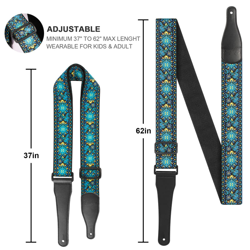 Guitar Strap, Jacquard Embroidered Cotton Straps with Genuine Leather Ends Shoulder Strap for Bass, Acoustic, Electric Guitar Retro Teal