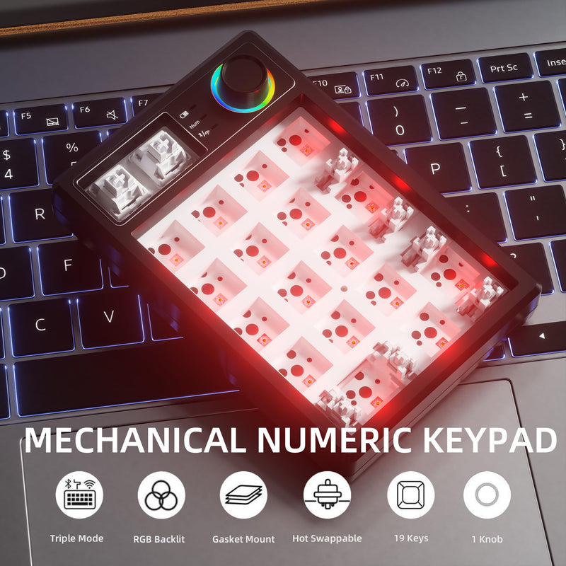 KEYCOOL K19 Wireless Numeric Keyboard, Mechanical Number Keypad Hot-swappable Bluetooth Numpad 5.0/2.4GHz, RGB Multi-Function Knob Numerical Keyboard for Laptop Mac Win iOS Android Earl Red 19 Key