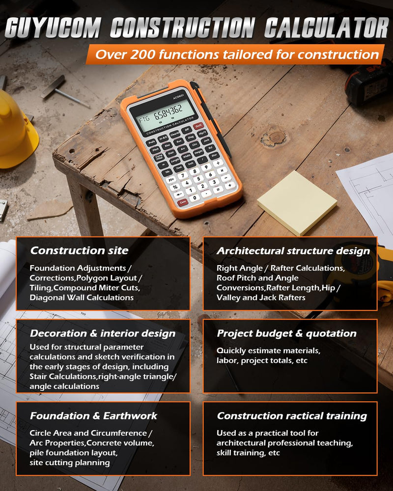 GUYUCOM Construction Calculator with Writing Tablet Concrete Calculator | Home Project Tools for Contractors Construction Industrial Carpenters Real Estate Pocket Calculators Gifts for Carpenters Silver Orange