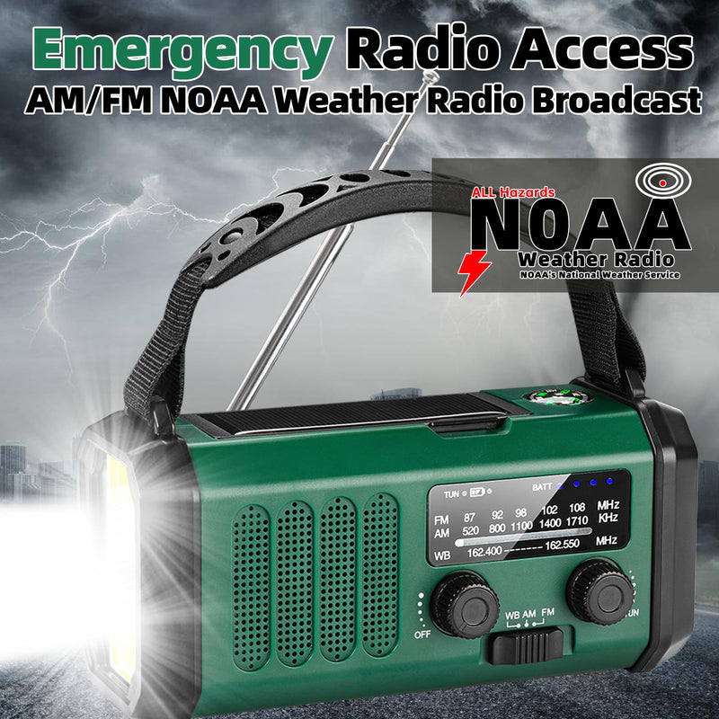 Hand Crank Emergency Radio,37000mWhSolar Powered Hand Crank Portable Radio,NOAA AM FM Weather Radio with 3Mode Flashlight and Reading Light,Cell Phone Charger,Home and Emergency Distress Signal Green