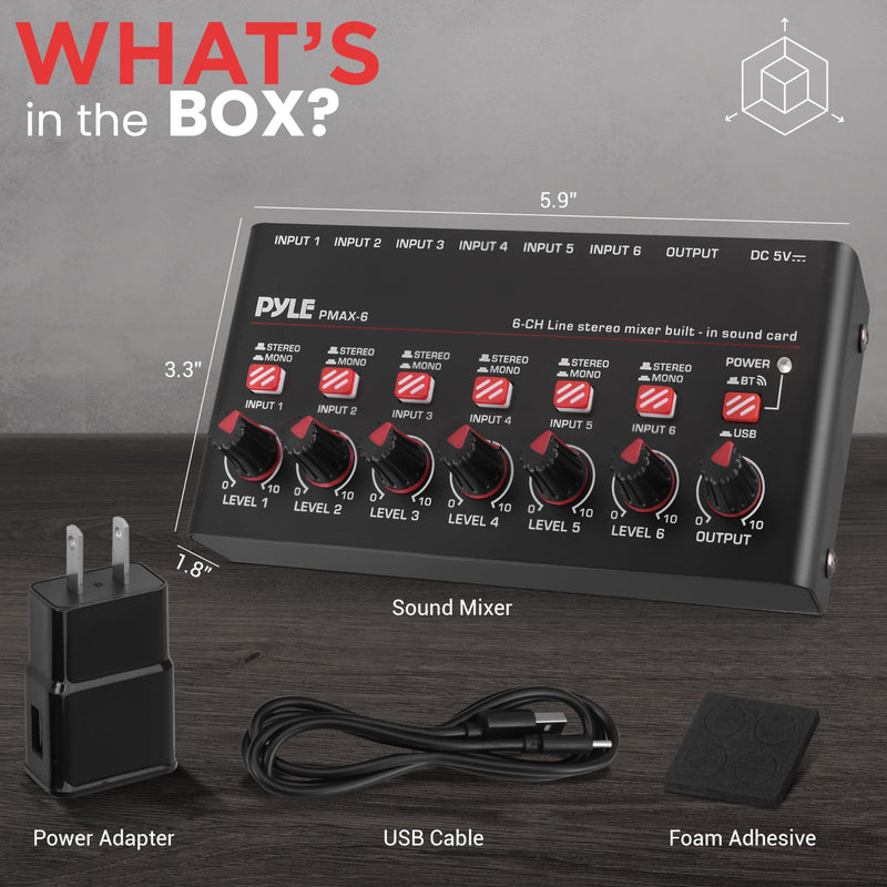 6-Channel Wireless BT Streaming Mini Line Mixer with USB Audio Interface - 6 Mono/Stereo Switching Inputs | Ultra-low Noise Design with High Headroom | Built-in USB Sound Card 6 Channel