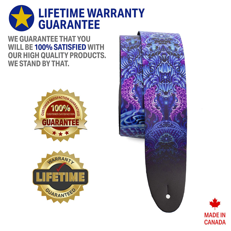 Perri's Leathers, Official David Bolt Prosperity Mandala Licenced Leather Guitar Strap, Direct to Leather Series, Anti-Slip, Adjustable from 42.5" to 56" Inch, Compatible w/All Button Lock Systems 56" Purple