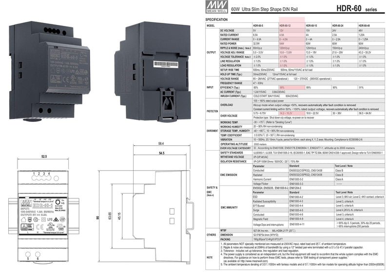 Mean Well HDR-60-12 DIN Rail Power Supply DIN-Rail 12 VDC 4.5 A 54 Watt