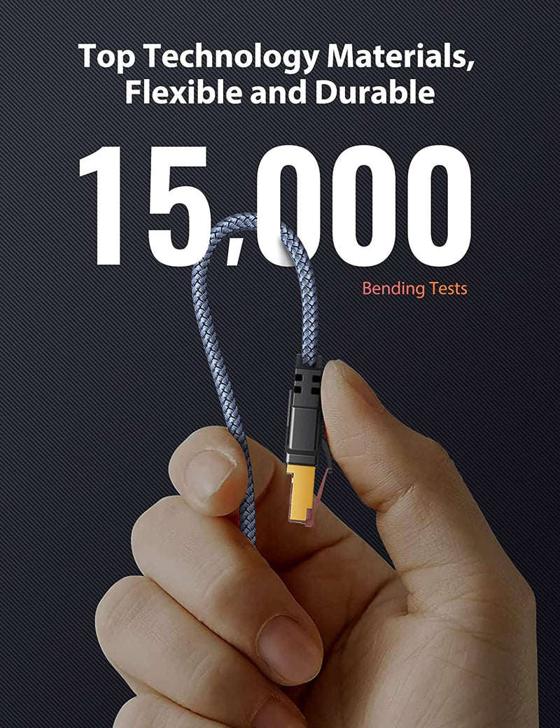 Snowkids Cat 8 Ethernet Cable 15 FT and 100 FT, Flat High Speed Ethernet Cable, 40Gbps, 2000Mhz Braided High Duty Long Ethernet Cable, Gold Plated RJ45 Connector for Modem/Router/ps-3/4/5/Gaming/PC