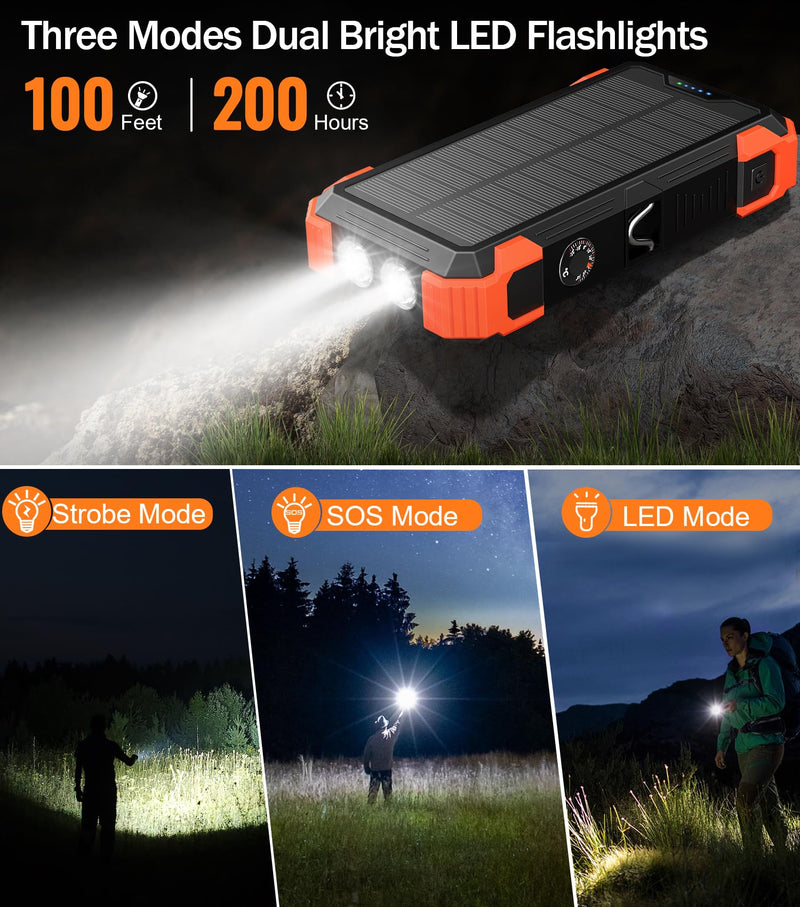 GOODaaa Power Bank Portable Charger 42800mAh Built in 4 Cables and Thermometer 15W Fast Charging Power Bank Five Outputs Three Inputs Solar Charger Power Bank, SOS/Strobe/Strong Flashlights, Carabiner Orange