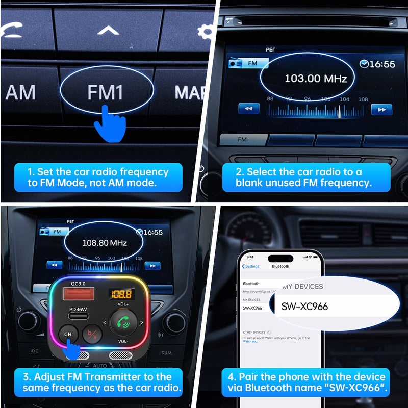 [AUSTRALIA] - Syncwire Bluetooth 5.4 FM Transmitter Car Adapter 54W (PD 36W & 18W) [Stronger Dual Mics] [Light Switch] [HiFi Bass Sound] [Fast Charging] Wireless Radio Receiver Hands-Free Calling LED Display Black 