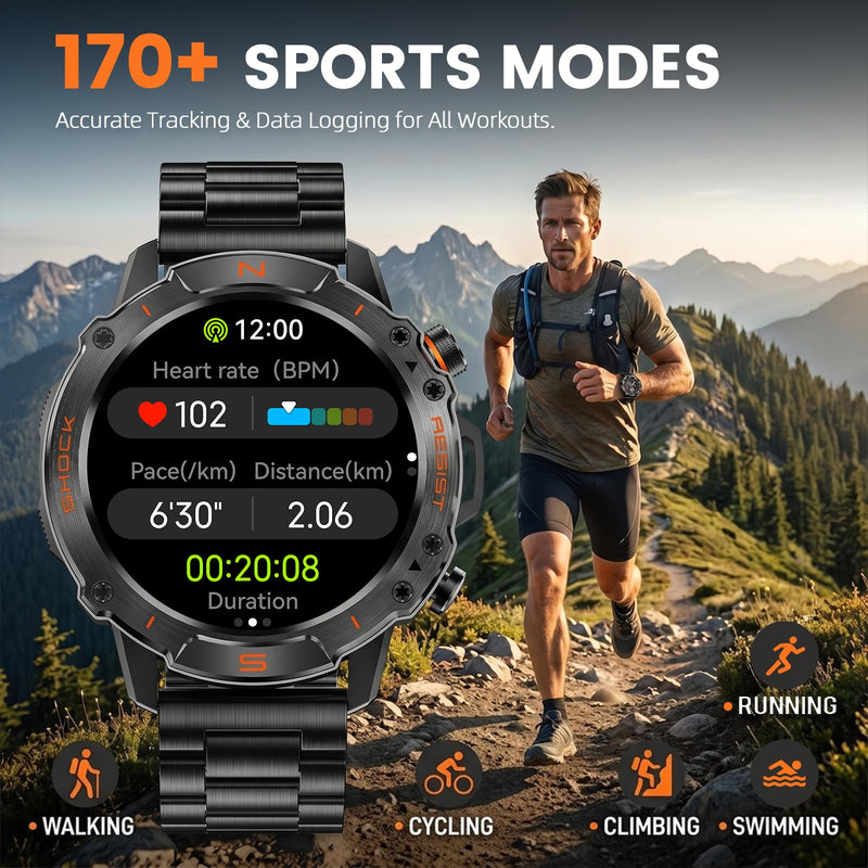 Rugged Smart Watch for Men, 5ATM Waterproof, 170+ Sports Modes,1.43" AMOLED | Round Health Fitness Tracker Watch, Tactical Military Smartwatch Compatible with iPhone Android Metallic