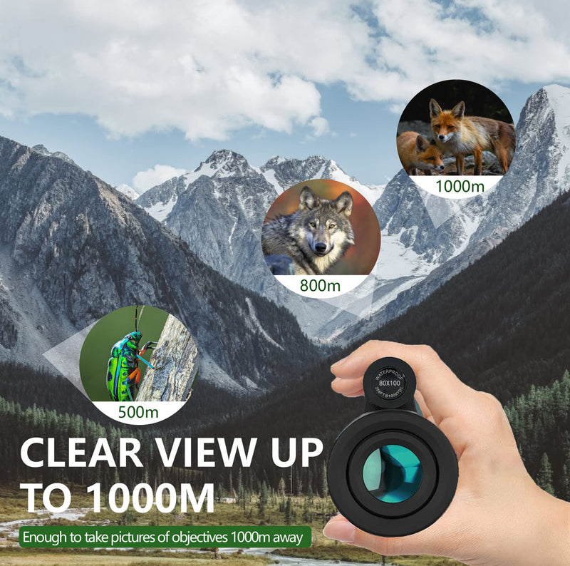 80x100 Monocular-Telescope High Powered for Smartphone Monoculars for Adults High Definition Monocular Telescope for Stargazing Hunting Wildlife Bird Watching Travel Camping Hiking Black-hu7