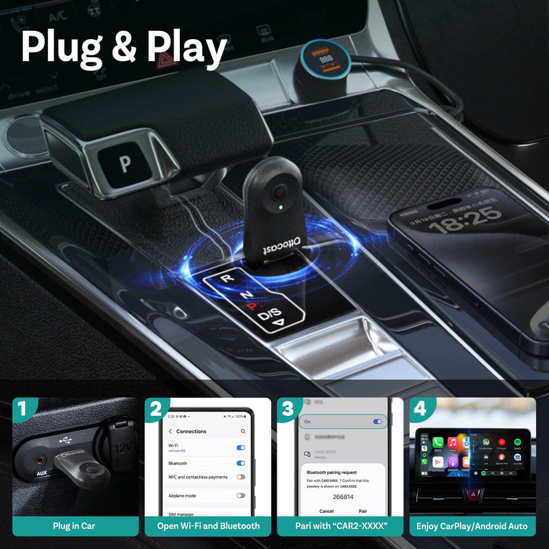 OTTOCAST Mini 2025 Wireless CarPlay & Android Auto 2-in-1 Adapter, Fast Stable Connection, Plug & Play for iPhone & Android Devices (Black) Black
