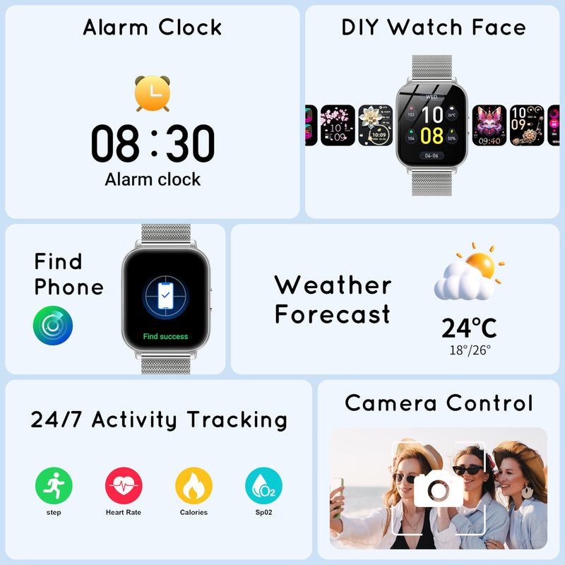 Smart Watch for Women Men 30 Day+ Battery Life 1.85" Fitness Tracker-Silver | Compatible iPhone & Android with Bluetooth Calling/Heart Rate/SpO2 Monitor, 120+ Sports Modes, 1000mAh 3 Bands Silver 44 MM