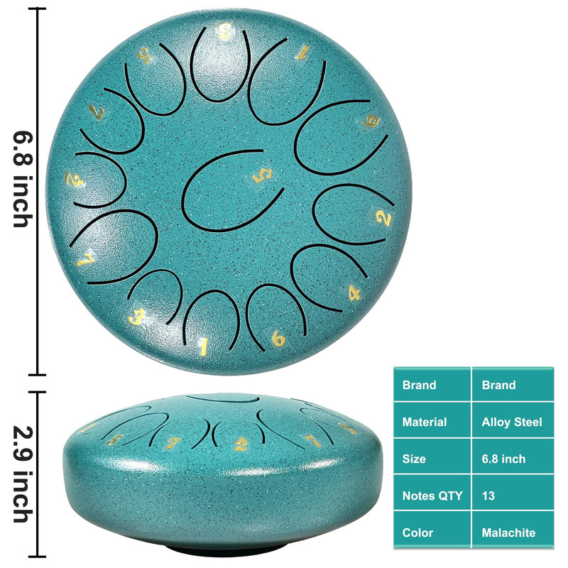 Steel Tongue Drum Musical Percussion Instrument, Rain Drum for Outside - Musician Gift for Family and Friends (malachite, 13 Notes 6.8 Inches) malachite