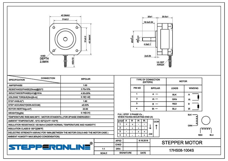 STEPPERONLINE Short Body Nema 17 Bipolar Stepper Motor 1A 22.6oz.in/16Ncm DIY CNC Extruder