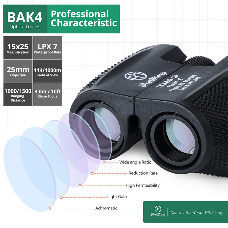 Binoculars 15x25 for Adults and Kids BAK4 Prism for Brighter & Sharper Image - FMC Prevent Surface Reflection & Boost Light for Bird Watching, Outdoor Hunting, Travel, Compact & Low Light Vision