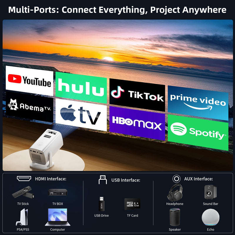 [AUSTRALIA] - Mini Projector, Portable Projector 4K & Full HD 1080P Support, 270° Rotation Outdoor Projector, Movie Projector Compatible with Smartphone, TV Stick, Laptop, PS4, HDMI, USB Ivory 