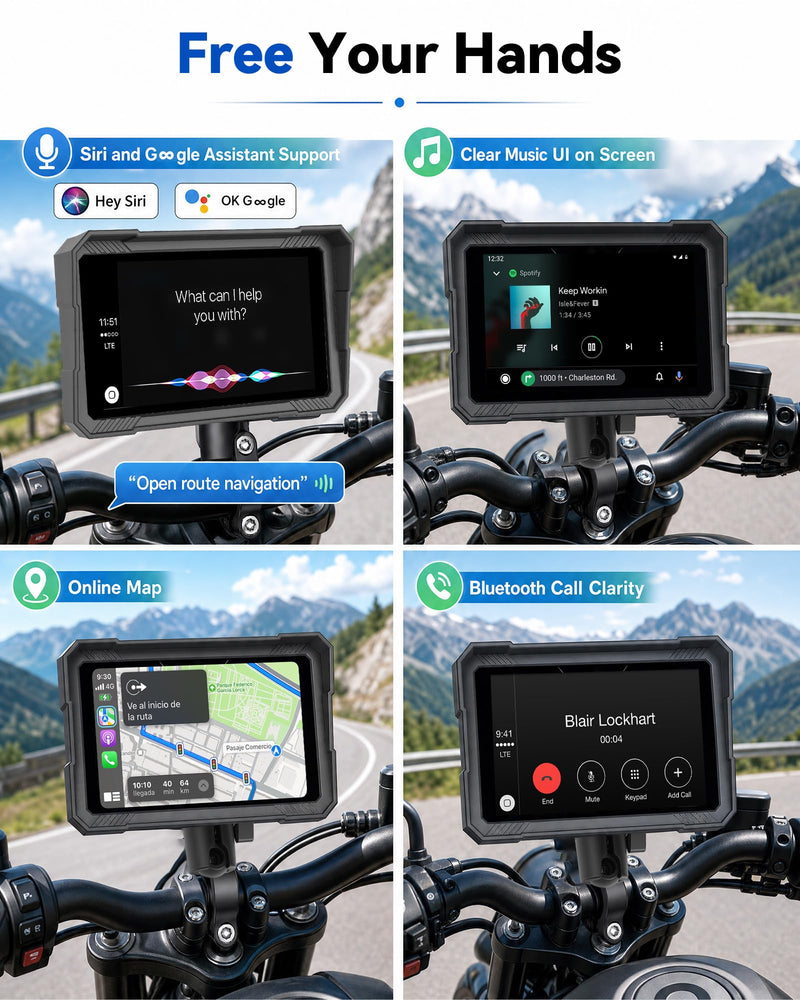 UNITOPSCI Motorcycle CarPlay Screen,5“ Waterproof Touchscreen, Portable Carplay/Android Auto GPS Navigation for Motorbike, Support Dual Bluetooth,S-IRI,G00gle Assistant with Digital Wired Controller 5'' with Digital Wired Controller